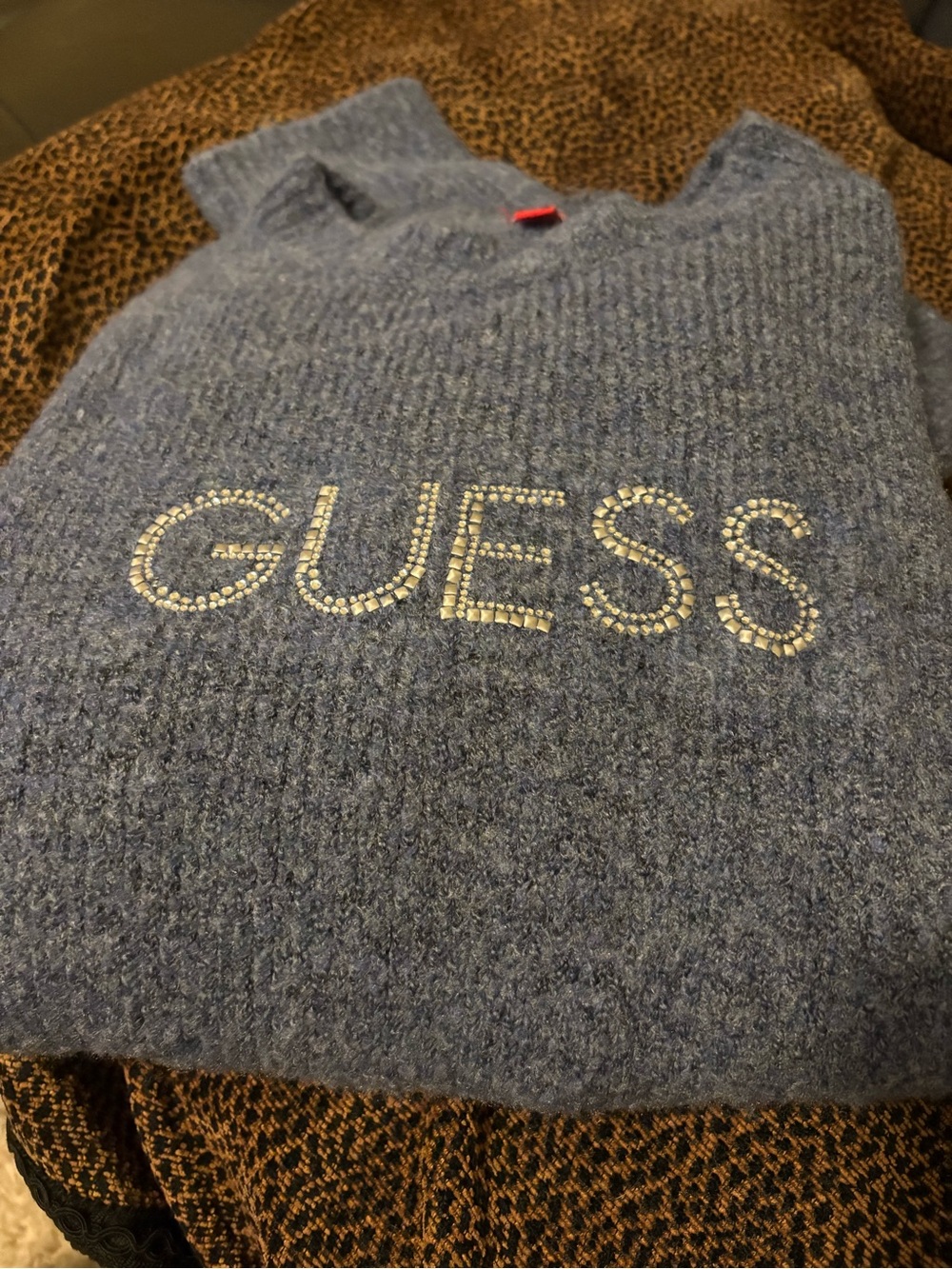 GUESS Blue Crewneck Sweater with Crystal Logo